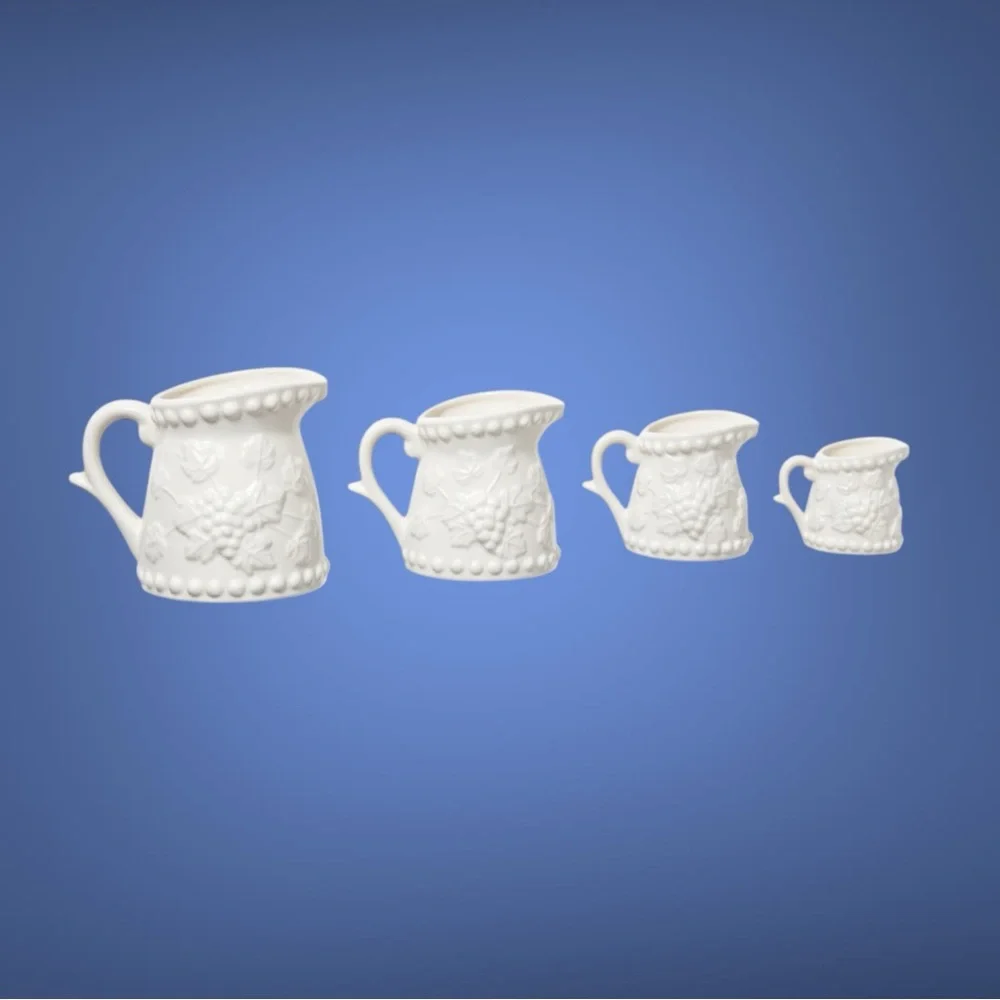 Vintage Napco White Ceramic measuring cups w/embossed grape & vine design, 4.